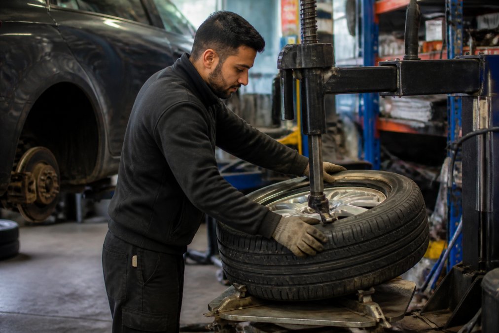 A technician in a professional garage fitting a new tyre onto a car wheel using a tyre changing machine, bright workshop lighting