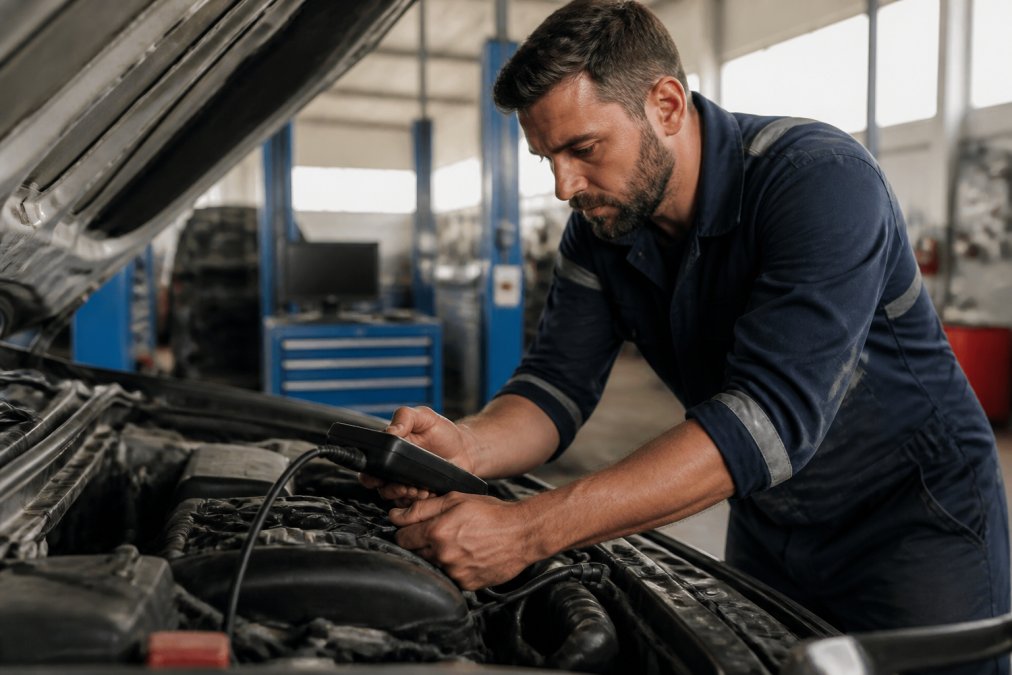Mechanic in work overalls performing an engine diagnostic check on a vehicle in a modern workshop, with diagnostic equipment and computer screens visible in the background