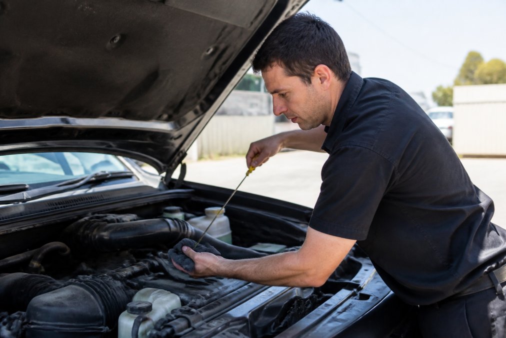 Car owner checking vehicle oil level and fluid levels under the bonnet in natural daylight, with engine bay clearly visible