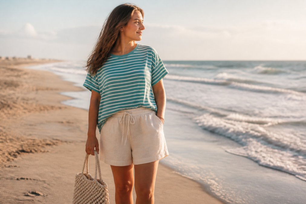 Woman wearing a relaxed teal striped top with cream linen shorts, standing on a sandy beach with ocean waves in the background, holding a beaded tote bag, soft golden hour lighting