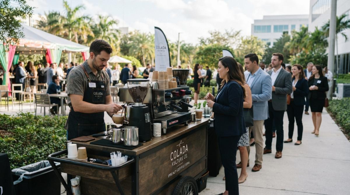 Professional barista preparing specialty coffee drinks at a mobile espresso cart during an outdoor corporate event, with guests in business attire lined up to order drinks, natural afternoon lighting