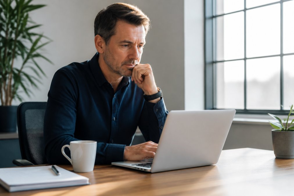 Small business owner reviewing IT support packages on a laptop with a cup of tea at their desk in a modern office setting with natural morning light