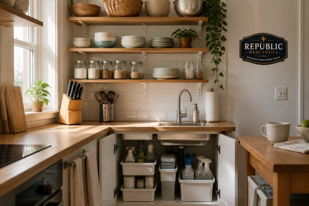 Small apartment kitchen with organized shelving displaying a chef's knife set on the counter, an under-sink organizer visible with cleaning supplies neatly arranged, and mixing bowls stacked on open shelving with natural morning light streaming through a window
