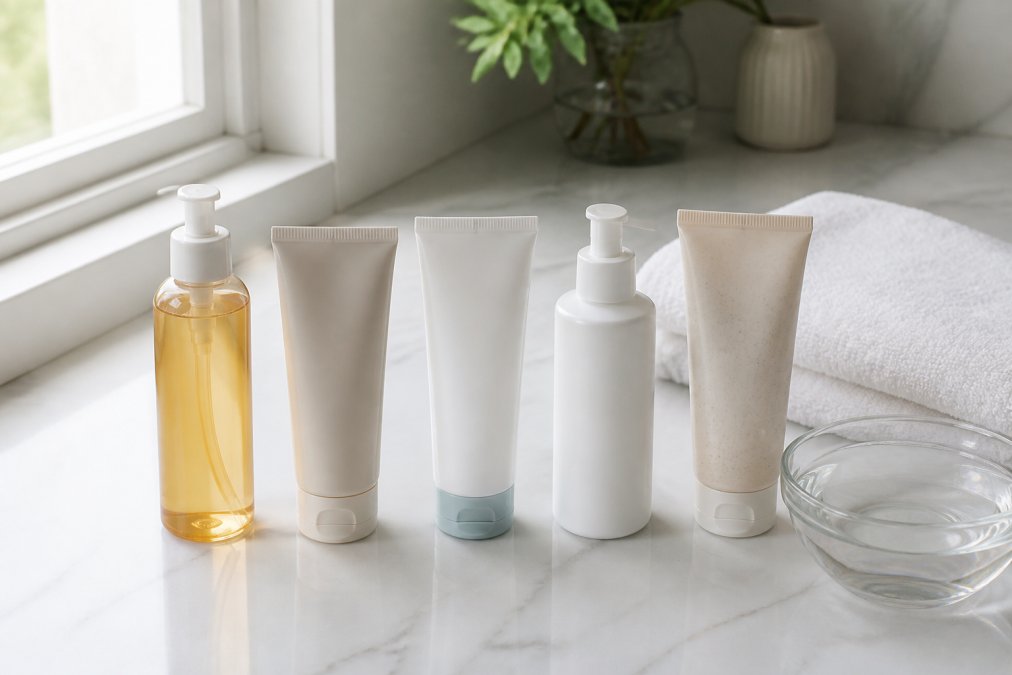 Five affordable Korean cleansers arranged on a bathroom counter with a towel and water bowl