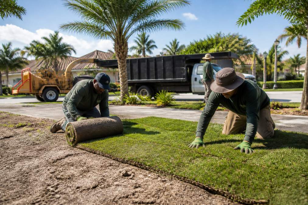 A landscaping crew in North Miami installing fresh sod in a residential yard, with a truck and tree-trimming equipment visible in the background under bright Florida sunlight