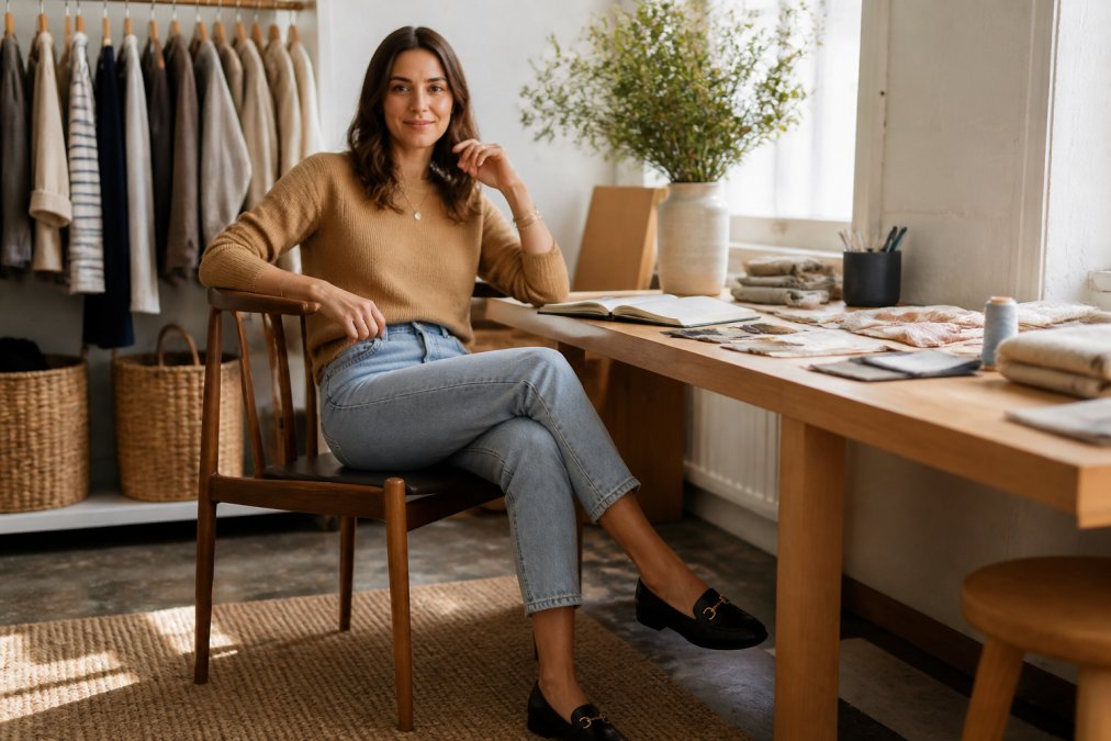 Professional woman in a neutral camel sweater paired with tailored light-denim jeans, seated at a wooden desk with natural sunlight, wearing minimal jewelry and professional loafers