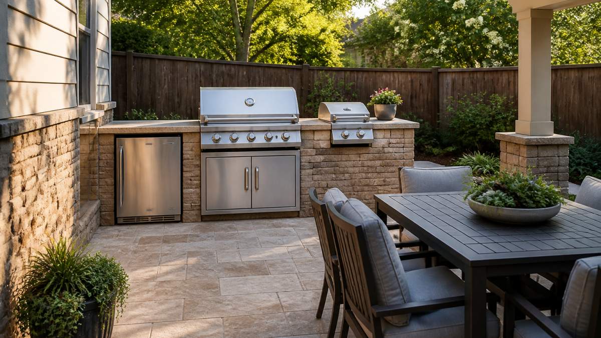 Compact outdoor kitchen setup on small patio with gas grill, side burner, and stainless steel refrigerator arranged efficiently along one edge, with dining furniture visible nearby and natural afternoon lighting