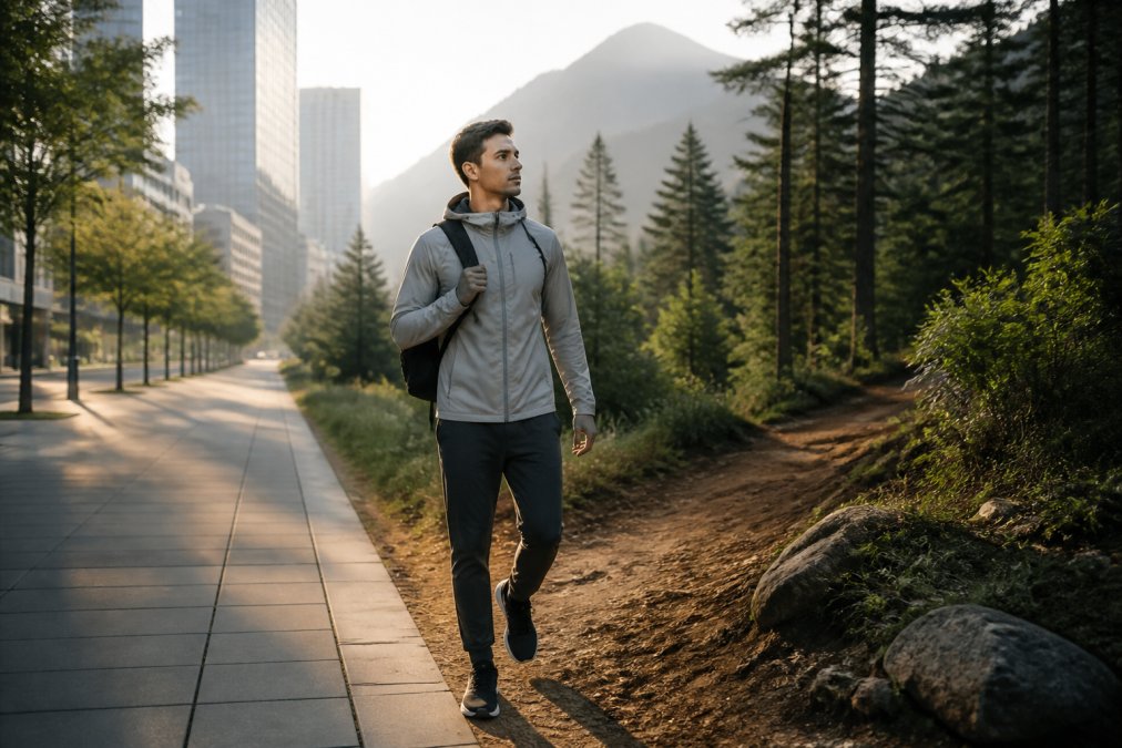 Man wearing athletic wear brands walking from city sidewalks onto a wooded mountain trail at sunrise.