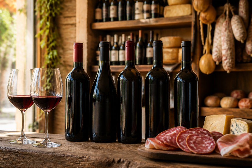 Five Italian red wine bottles arranged on a rustic wooden shelf in a deli setting, with wine glasses, cured meats, and Italian cheeses nearby, warm natural light filtering through