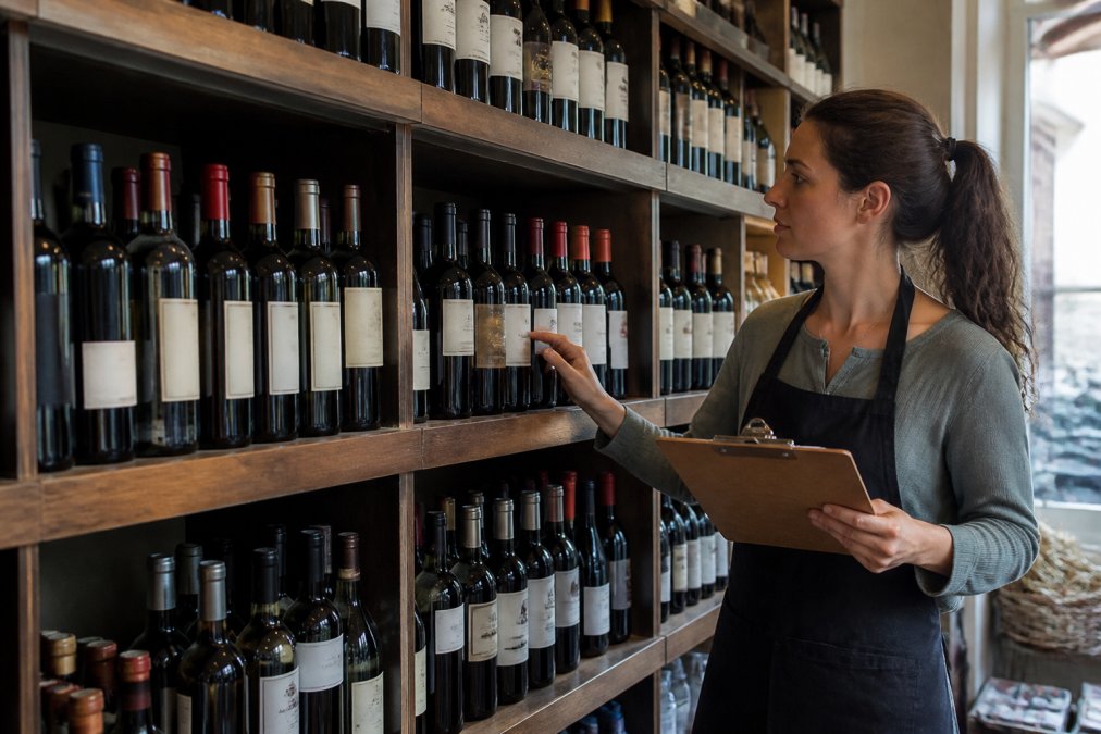 Deli owner reviewing wine inventory on clipboard, examining bottles on shelves in independent shop, professional and focused in natural light