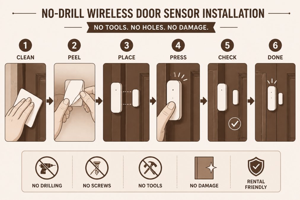 Apartment resident installing a wireless door sensor on a rental unit door frame, showing the no-drilling installation process with minimal tools and no permanent damage to walls