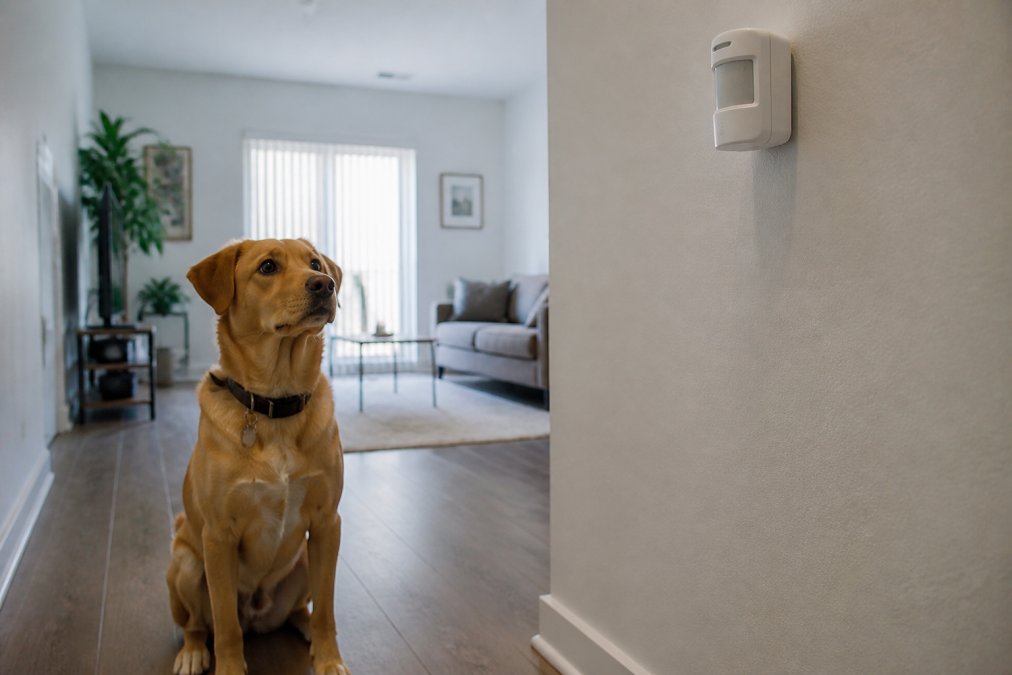 Motion detector mounted on an apartment wall with a dog nearby, illustrating pet-friendly motion detection in action with the sensor positioned to avoid triggering false alarms from animal movement