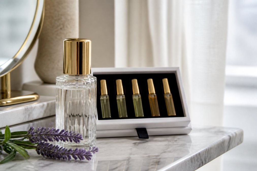 Ruth+Bo fragrance bottle and discovery set on a marble vanity with fresh lavender, perfect for affordable sophisticated