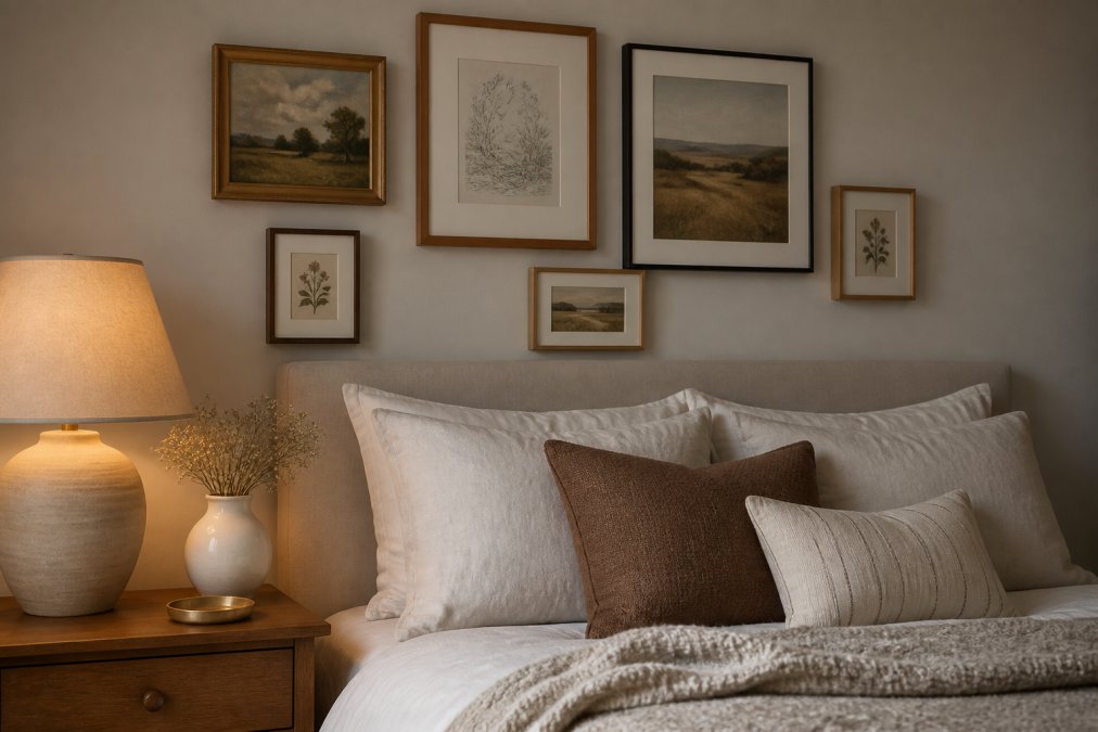 A cozy bedroom corner with a neatly arranged gallery wall of mixed-frame art prints above a wooden nightstand, soft neutral bedding, and warm lamp light