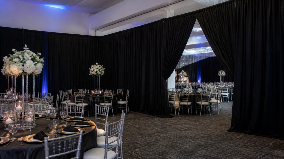 Diagram illustrating 5 affordable ways to decorate a large event space using pipe and drape to define zones.
