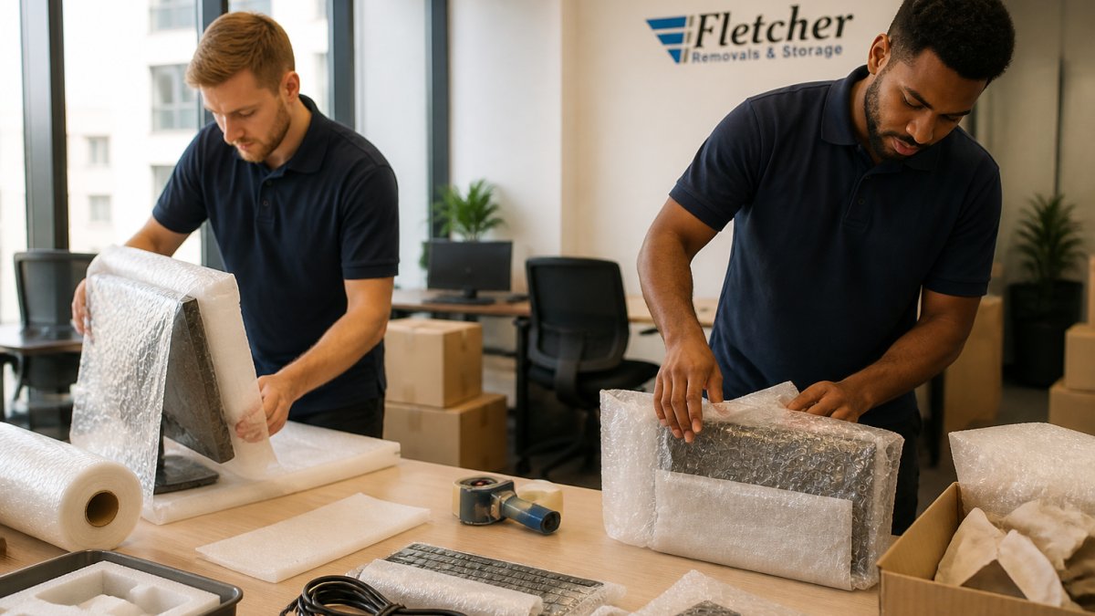 Professional removal team carefully wrapping and securing office monitors, keyboards, and desk equipment in protective materials inside a modern office space with natural lighting