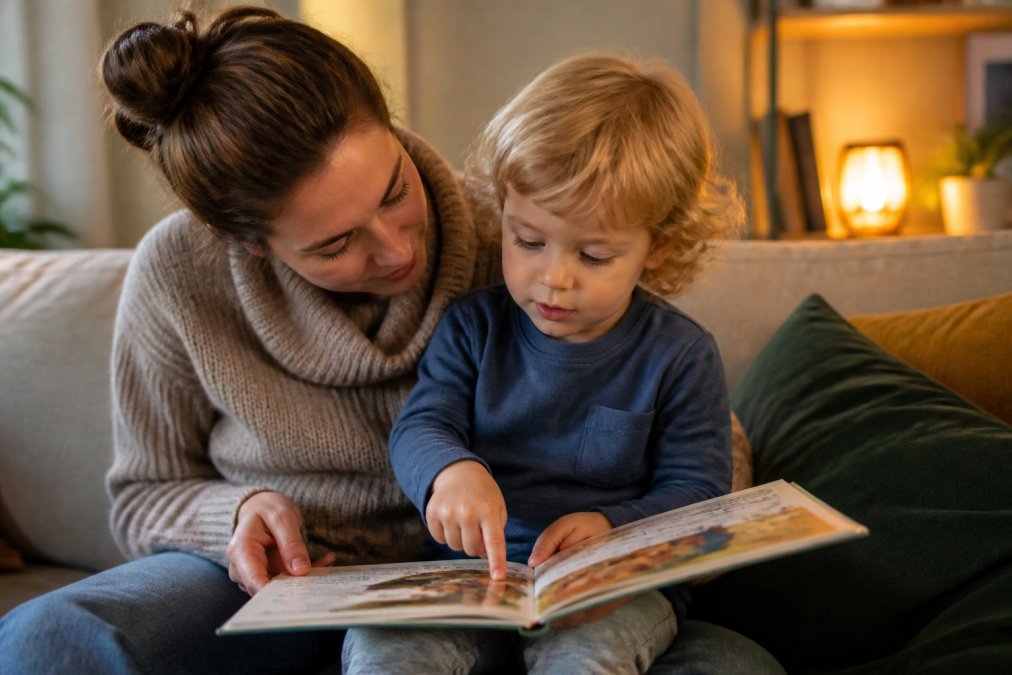 En voksen og et barn sitter sammen i en sofa og leser i en bildebok i et lunt og koselig hjemmemiljø.