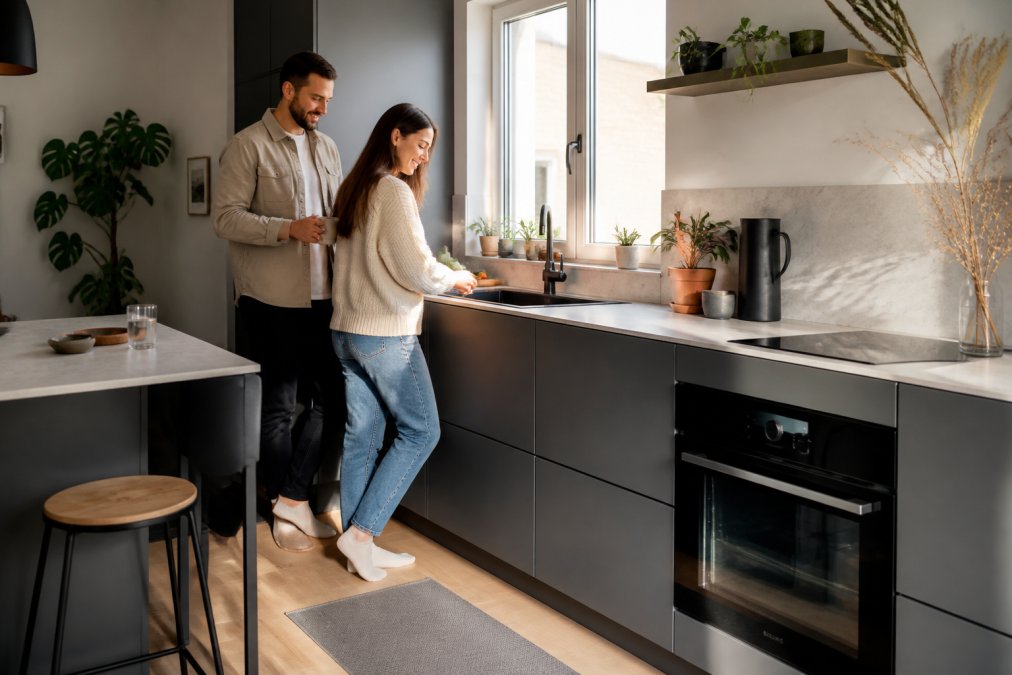 Moderní kuchyňská sestava s matnými dvířky jako jedna z 5 alternativ k levným kuchyňským linkám s dřezem umístěným pod oknem.