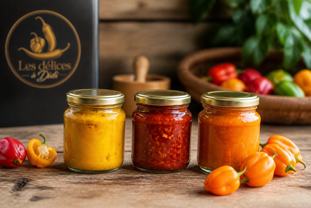 Trois pots de pâtes de piments artisanales colorées (jaune, rouge, orange) alignés sur une surface en bois naturel, avec des piments frais habanero à côté, lumière naturelle douce