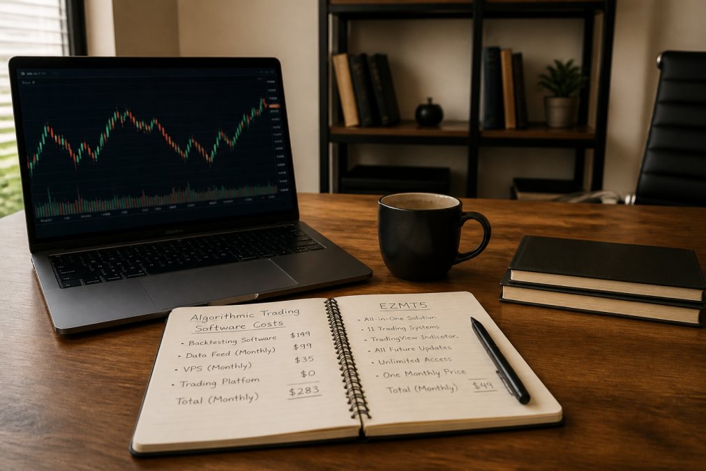 A trader's desk setup with a laptop displaying trading charts, a notebook with handwritten cost breakdowns, and a coffee cup in a modern home office