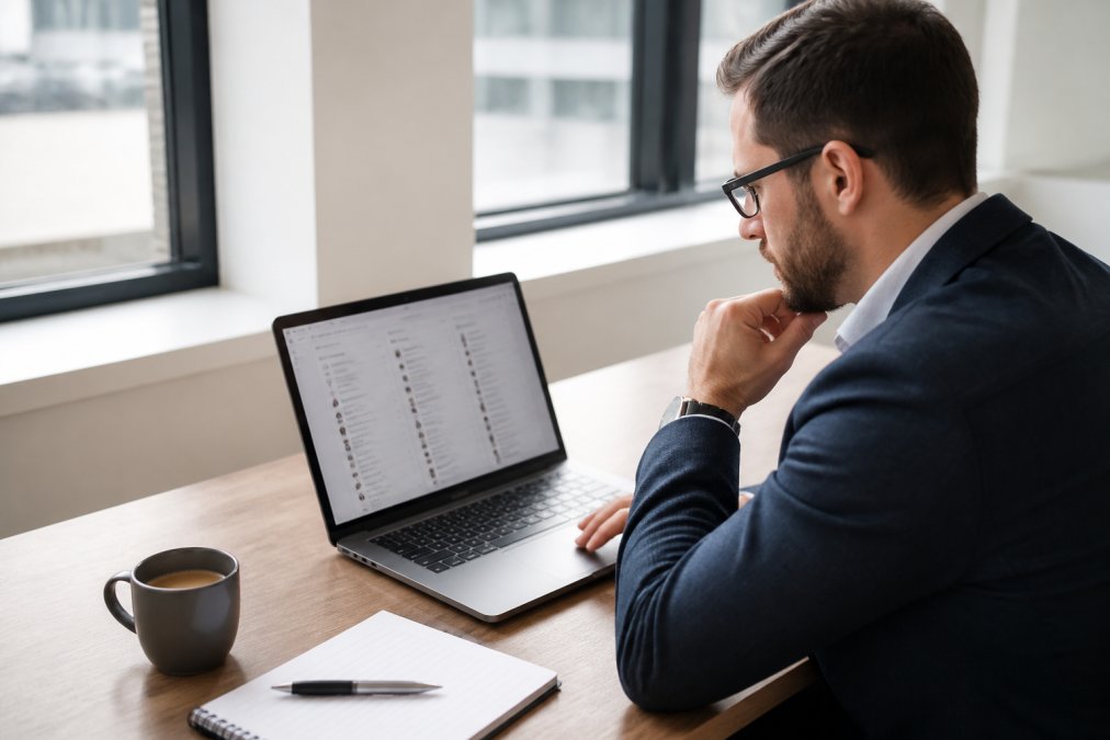 A business professional reviewing a software comparison on a laptop screen in a modern office, notebook and coffee nearby, focused and analytical, soft window light