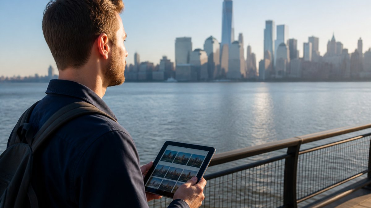 Young professional reviewing alternatives to Hoboken on a tablet by the Hudson River with the Manhattan skyline.