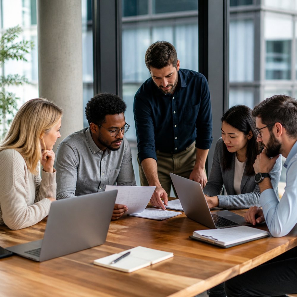 Professional business team gathered around a conference table with laptops and notebooks, reviewing sales strategy documents and discussing pipeline approach in modern office with natural window lighting