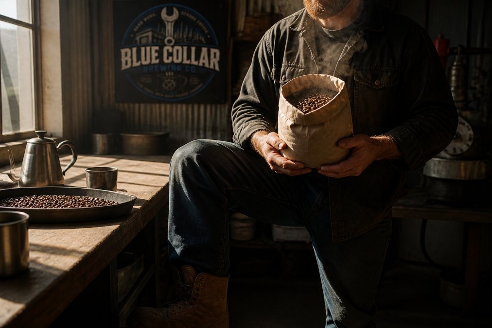 Skilled tradesperson in work boots holding a bag of freshly roasted single-origin coffee beans with visible beans and rich aroma, morning sunlight streaming through a workshop window