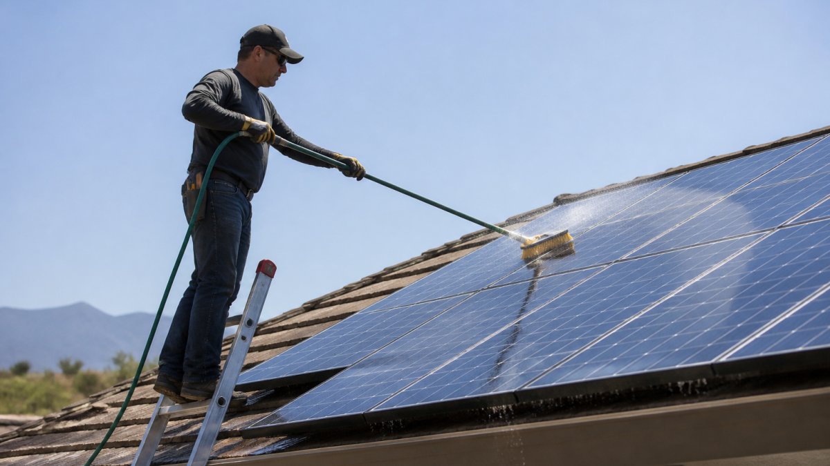 Homeowner using a soft brush and water to clean dirty solar panels on a sunny morning rooftop