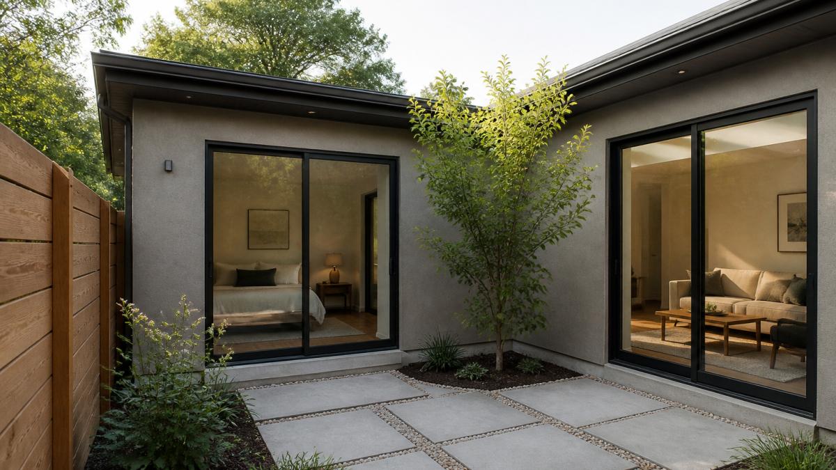Modern U-shaped backyard ADU layouts featuring a central courtyard with glass doors opening onto a landscaped patio.