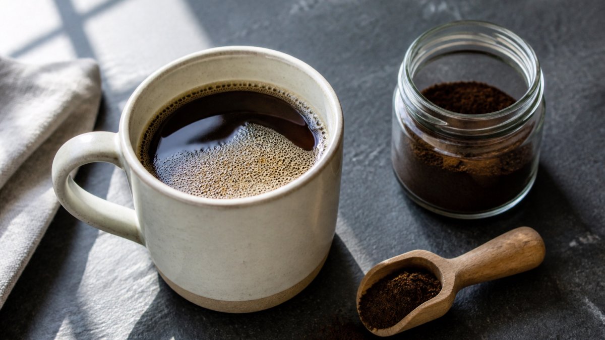 A white mug of mushroom coffee with a wooden scoop and powder, one of 5 alternatives to standard coffee blends.