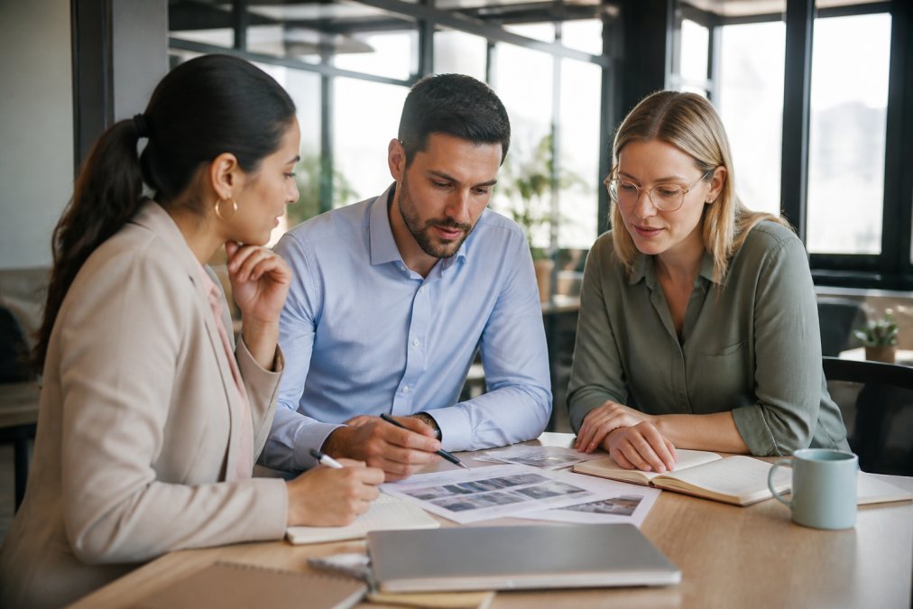 Learning and development managers and HR professionals collaboratively reviewing training content on laptops in a modern office meeting space, natural daylight through large windows