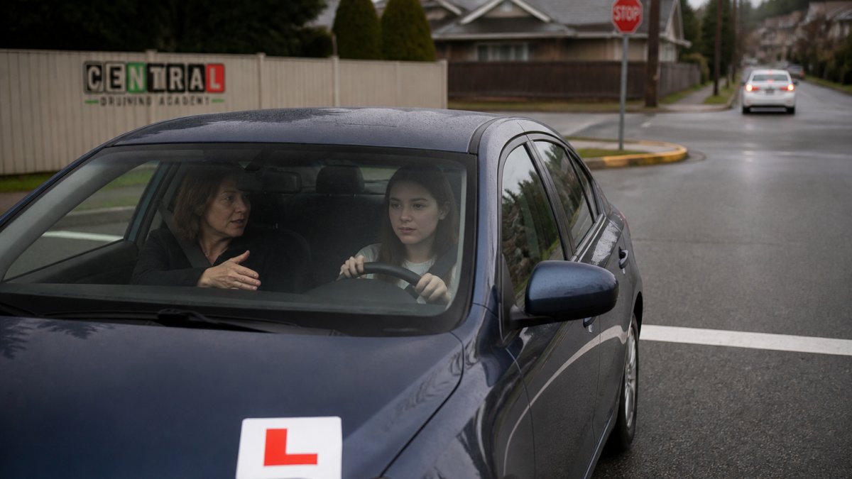 A calm parent sitting in the passenger seat coaching a young driver through a residential intersection in a suburban BC neighbourhood, L-plate visible on the car