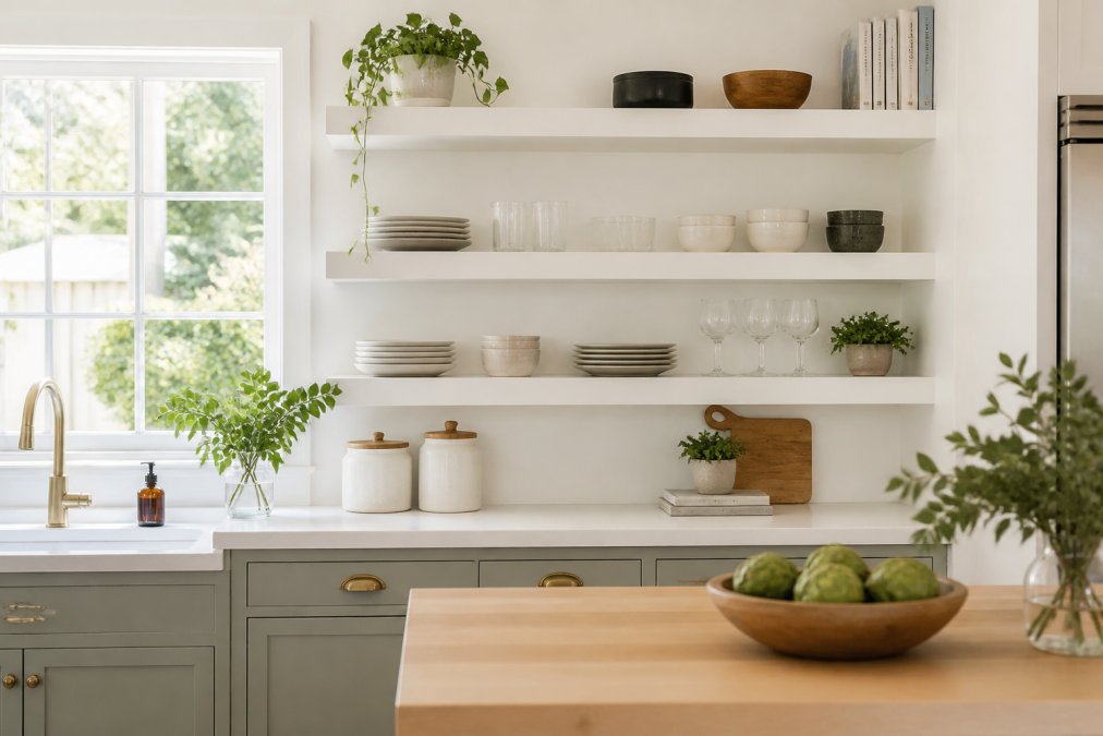 Modern kitchen with white floating shelves displaying neatly organized white dishware, clear glasses, and cookbooks with natural light streaming through large windows