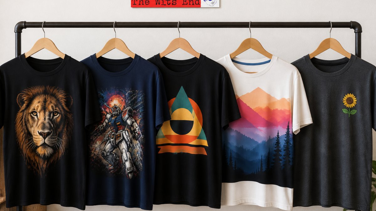Five custom t-shirts lined up on a white background, each featuring a unique printing technique and graphic style.