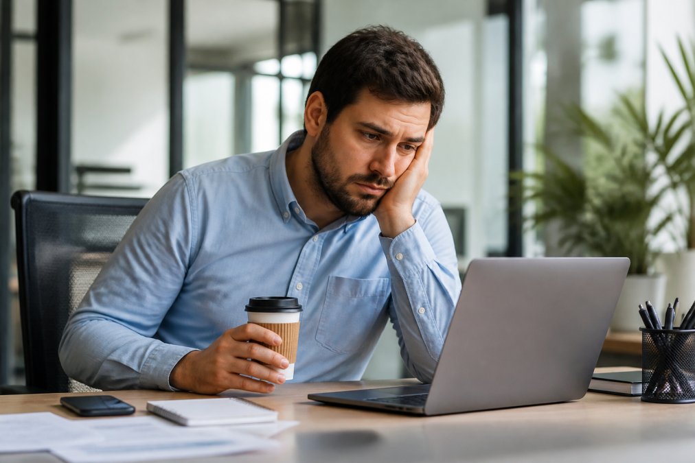 A tired professional at a desk in a bright office, holding a cup of coffee while looking at a laptop screen with a slight frown, showing the post-caffeine crash