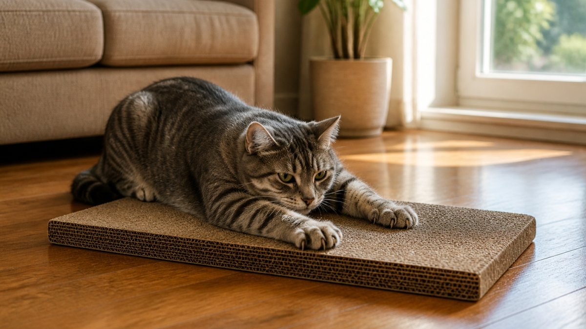 A gray tabby cat lying on a flat corrugated cardboard scratching board on a hardwood living room floor, front claws extended mid-scratch, a beige couch visible in the background, soft afternoon light from a window