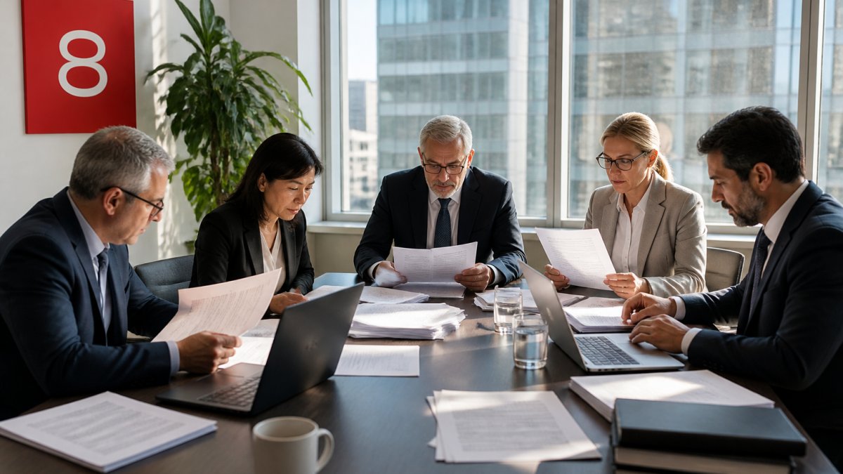 Senior procurement executives and compliance officers in a modern boardroom reviewing export documentation, regulatory files, and laptops on a large conference table with natural lighting from floor-to-ceiling windows