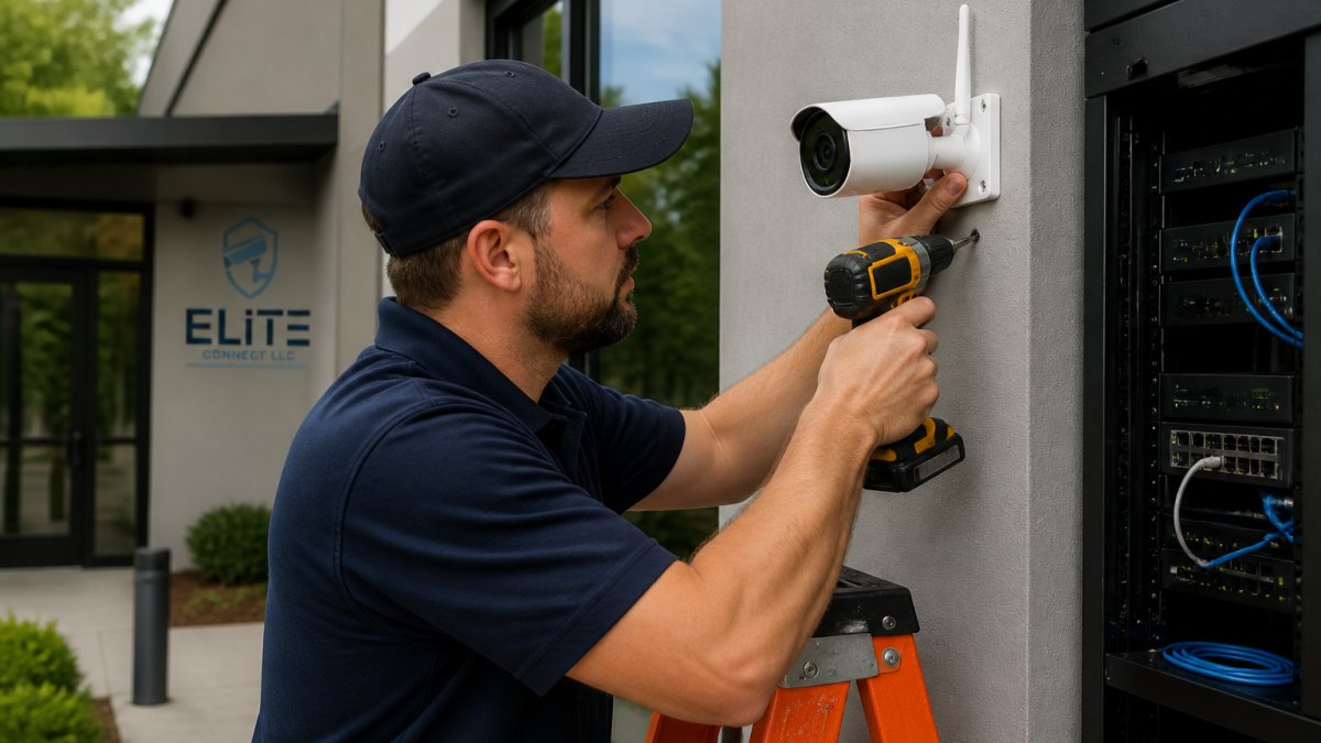 Professional technician installing wireless security camera on exterior wall of commercial building, mounting bracket visible, network equipment in background