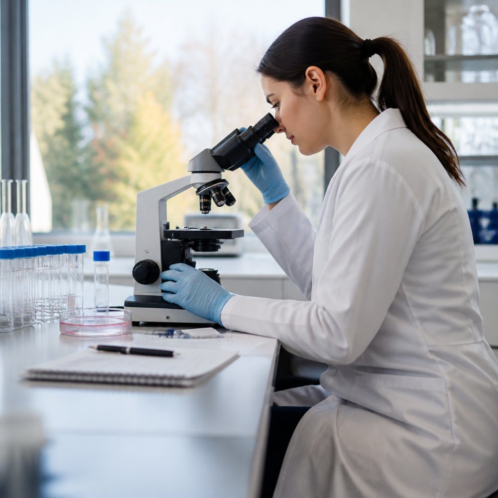 A scientist in a lab coat examining a petri dish containing fat cells under a microscope, with lab equipment and notes visible in a bright research facility