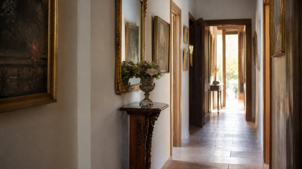 Gilt antique mirror hanging above a slim walnut pedestal in a narrow hallway bathed in warm natural light