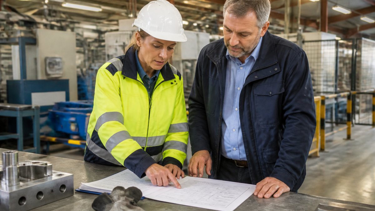 Eine Fachkraft für Arbeitssicherheit und ein Betriebsleiter prüfen gemeinsam ein ausgedrucktes Gefährdungsbeurteilungs-Formular auf einem Werktisch in einer Produktionshalle, im Hintergrund laufen Maschinen, warmes Hallenlicht