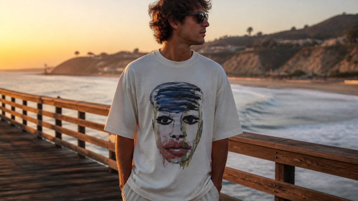 Person wearing an artistic Superhot graphic tee standing on a coastal pier at golden hour, ocean waves and natural light in background, showcasing how the design looks in a real lifestyle setting