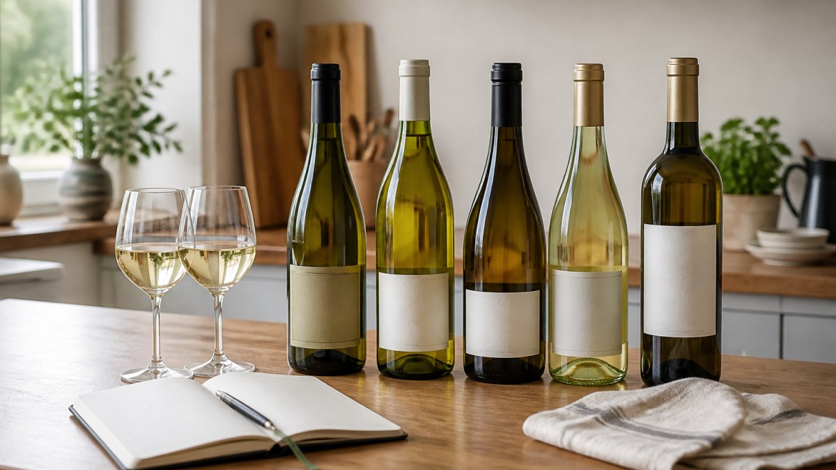 Fem kylskåpskalla flaskor vitt vin uppställda på en ljus träbänk i ett svenskt kök, med två fyllda vinglas och en uppslagen anteckningsbok bredvid