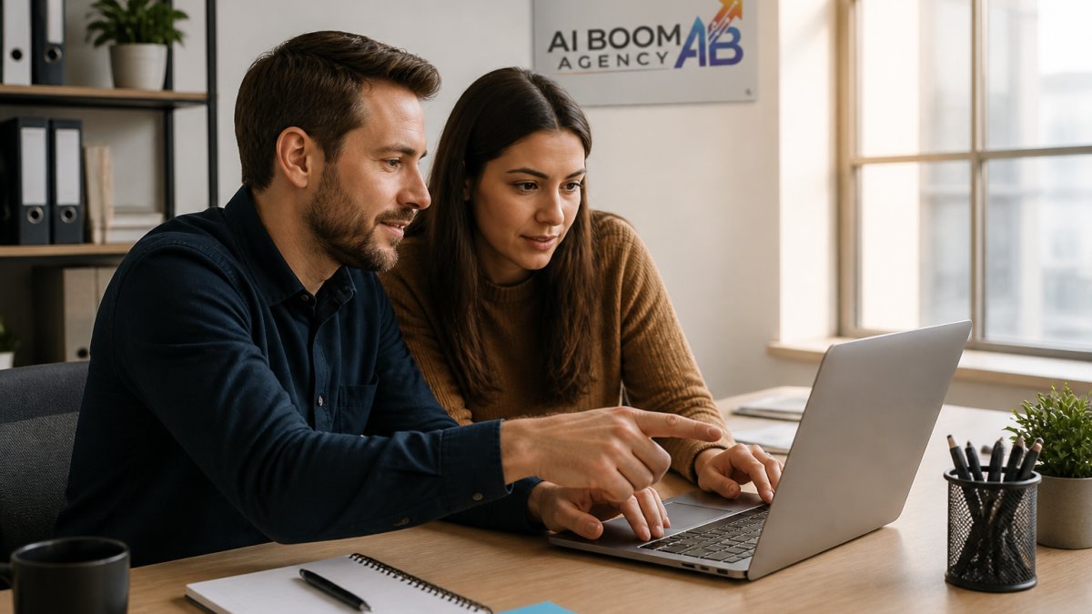 Small business owner and team member collaborating on an AI for small businesses automation setup in an office.