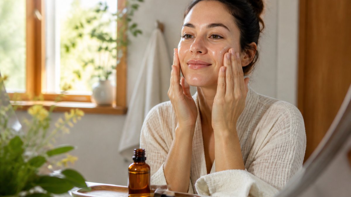 A woman with a glowing complexion gently pressing a few drops of golden facial oil into her cheeks with her fingertips, standing at a bathroom vanity with a small amber dropper bottle and a soft towel nearby, warm natural light from a window