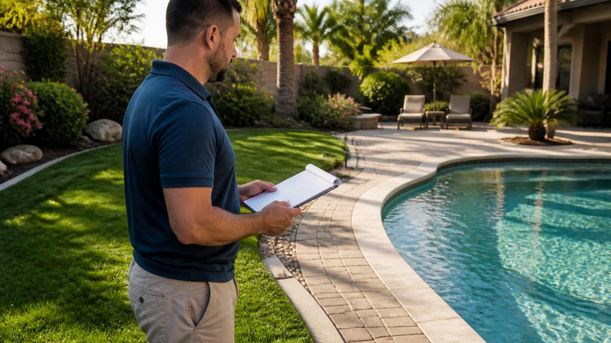 Homeowner reviewing bundled pool and yard maintenance notes on a tablet beside a clean pool and manicured lawn.