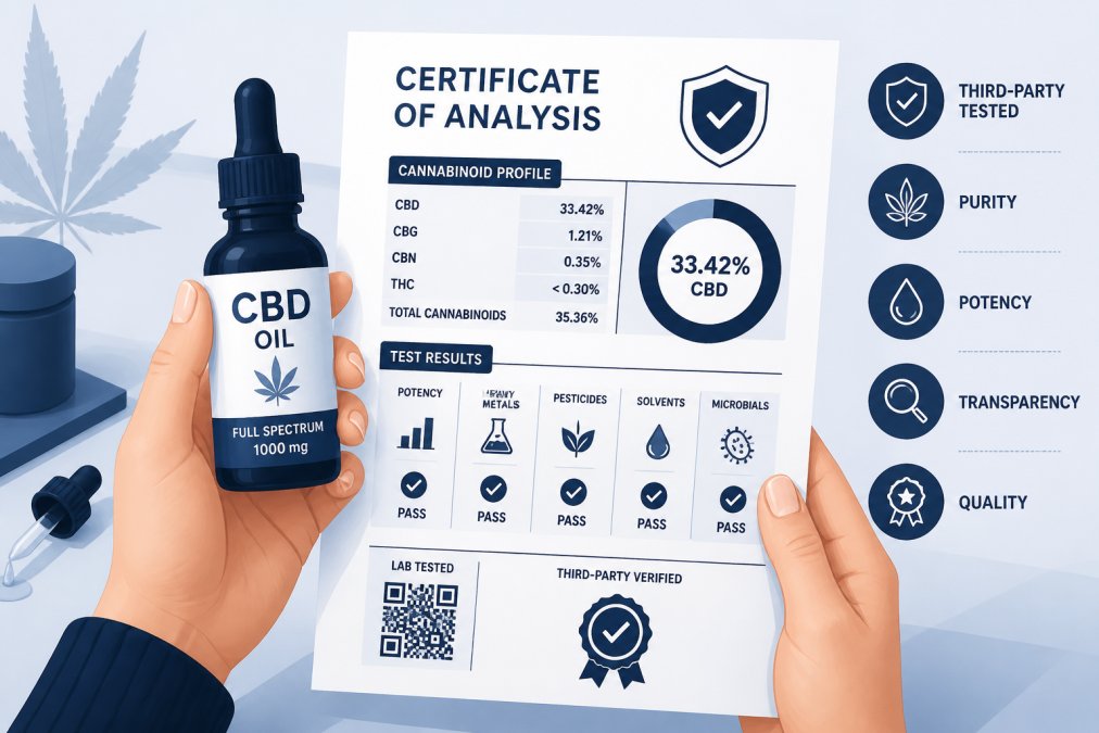 Close-up of hands holding a CBD oil bottle and examining a detailed certificate of analysis document, showing careful attention to product transparency and third-party testing verification