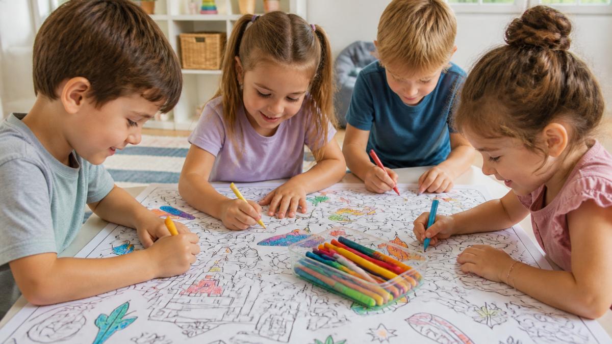 Three or four preschool-aged children gathered around a large table-size coloring sheet spread across a table, sharing crayons and markers, smiling and working on different sections together in a bright home playroom