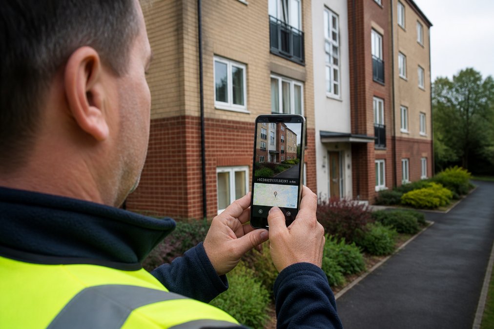 Property inspector in the field using an Android smartphone to capture geotagged photos of a residential building exterior, with the phone screen visible showing an inspection app interface and GPS coordinates